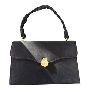 Womens Black Satin Handbag Purse Gold Floral Clasp Satin Lining Slight Wear